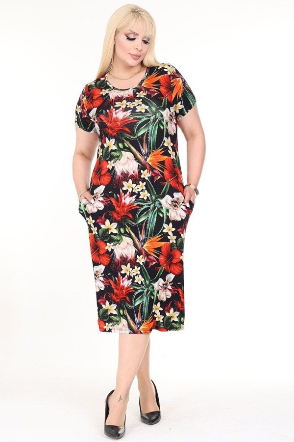 Gėlėta vasarinė suknelė trumpomis rankovėmis