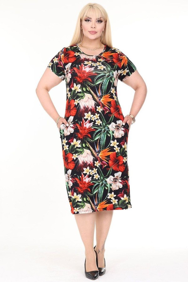 Gėlėta vasarinė suknelė trumpomis rankovėmis