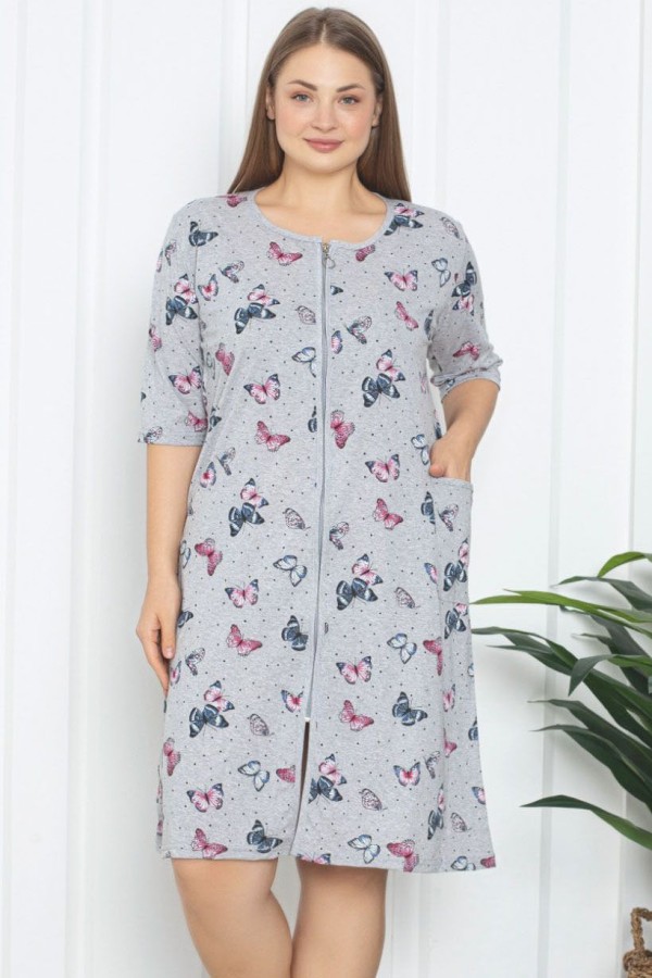 Medvilninis moteriškas chalatas su kišenėmis ir užtrauktuku