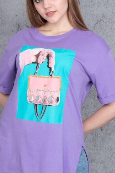 Violetiniai marškinėliai moterims su aplikacija