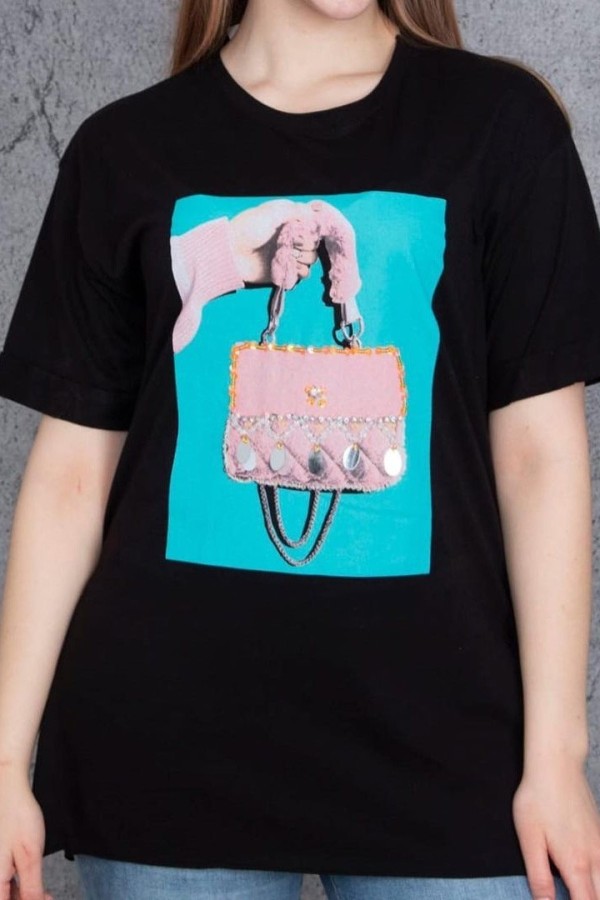 Juodi moteriški marškinėliai su aplikacija