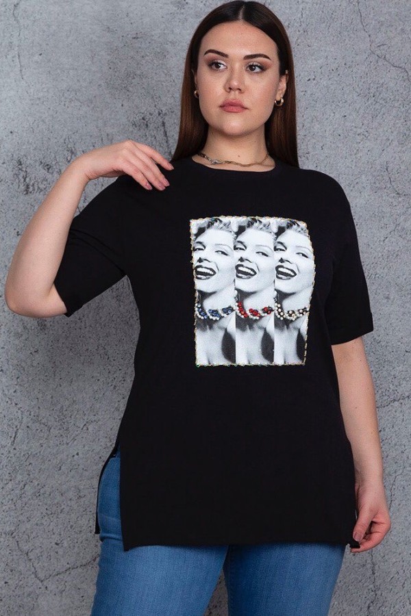 Juodi moteriški marškinėliai iš medvilnės