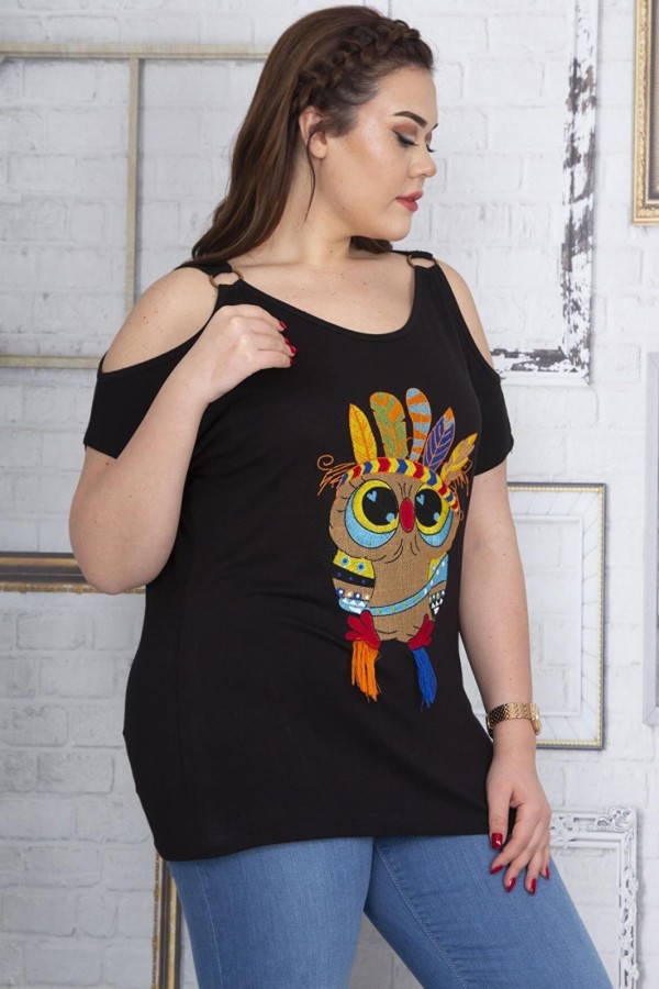 Juoda moteriška palaidinė su aplikacija