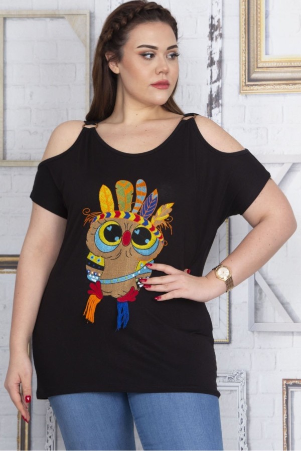 Juoda moteriška palaidinė su aplikacija