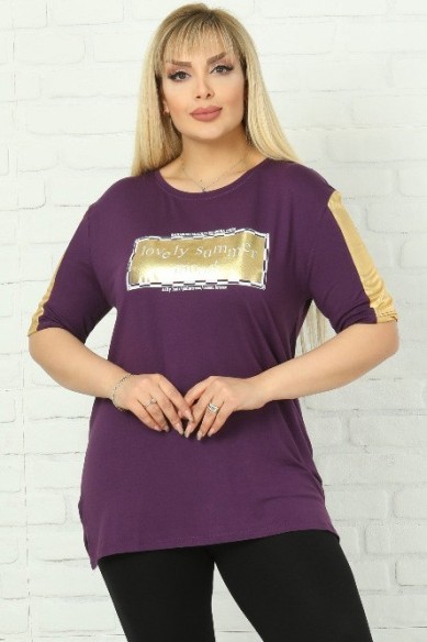 Stilinga violetinė palaidinė su aukso spalvos akcentais