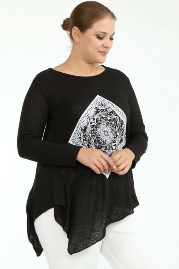 Juoda palaidinė ilgomis rankovėmis su ornamentu