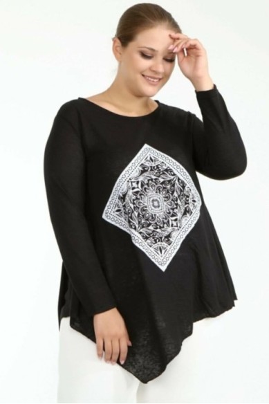 Juoda palaidinė ilgomis rankovėmis su ornamentu