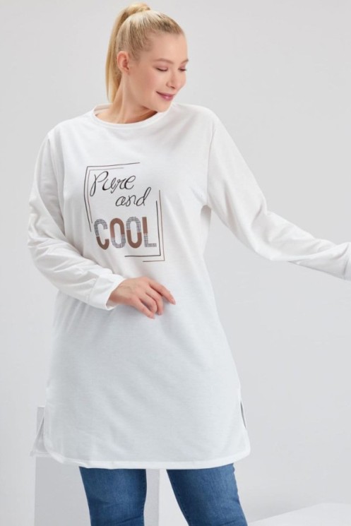 Balta trikotažinė palaidinė tunika su užrašais