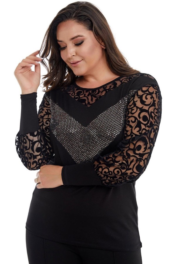 Elegantiška juoda palaidinė puošniomis rankovėmis