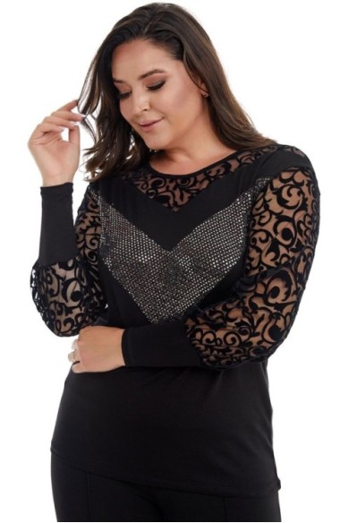 Elegantiška juoda palaidinė puošniomis rankovėmis