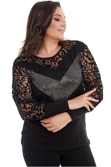 Elegantiška juoda palaidinė puošniomis rankovėmis