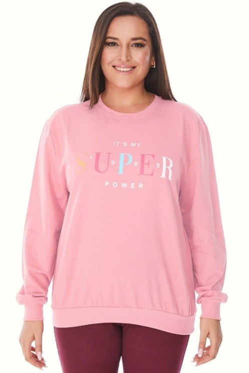 Šviesiai rožinis bliuzonas su spalvingu užrašu