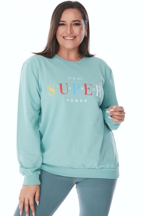 Mėtų spalvos bliuzonas su spalvingu užrašu