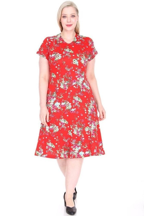Raudona viskozės suknelė su gėlytėmis