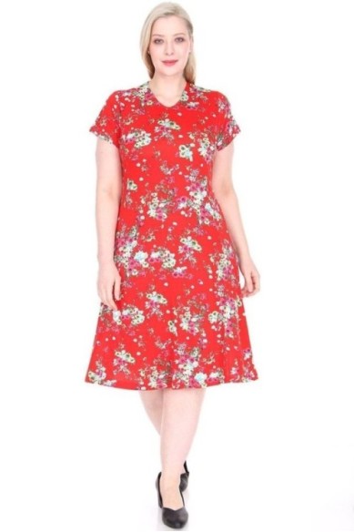 Raudona viskozės suknelė su gėlytėmis
