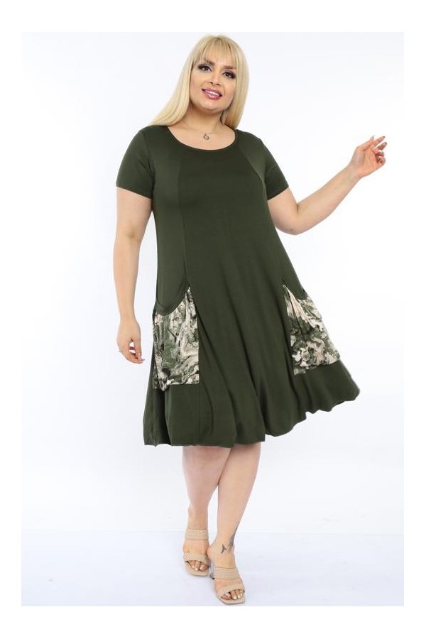 Platėjanti haki suknelė su maxi kišenėmis