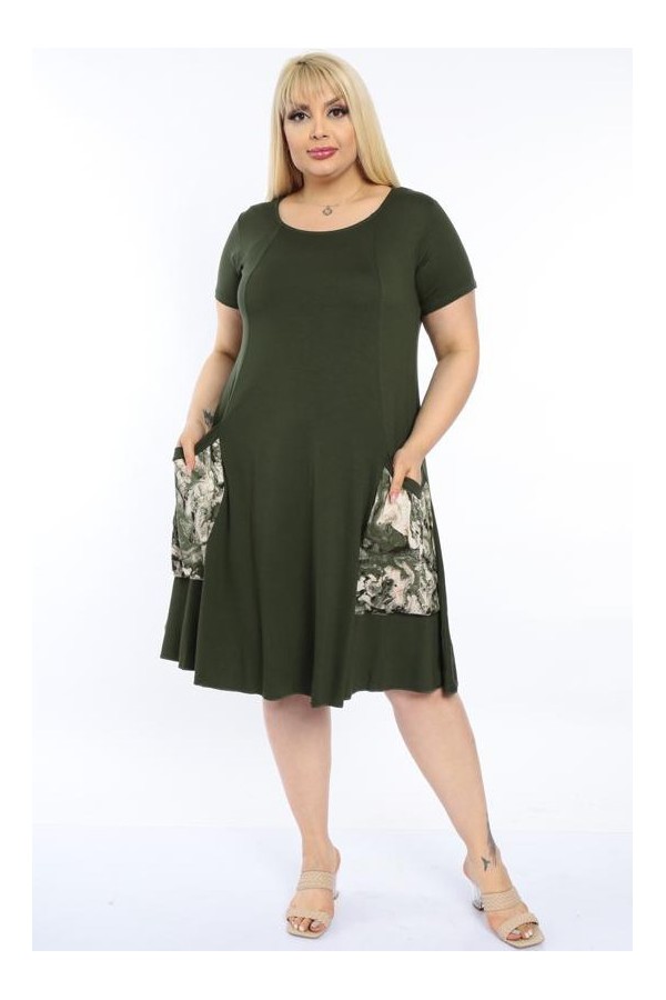 Platėjanti haki suknelė su maxi kišenėmis