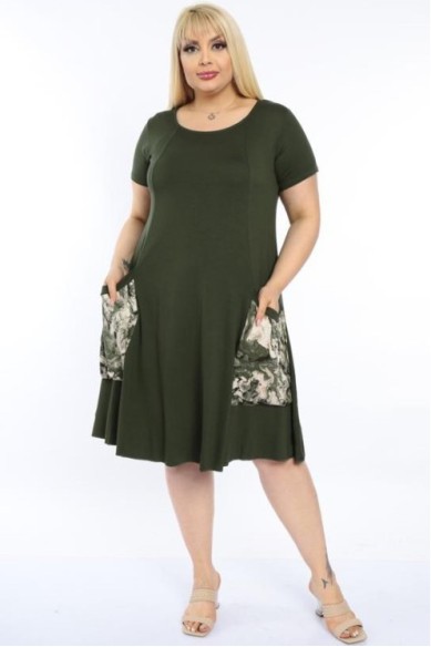 Platėjanti haki suknelė su maxi kišenėmis