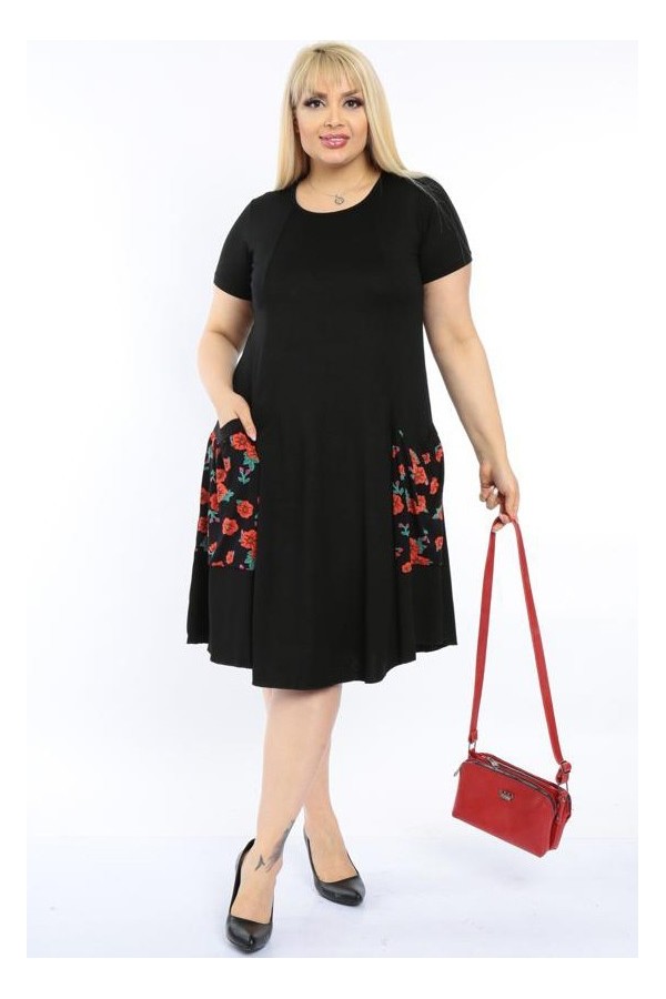 XL dydžių suknelė su gėlėtomis kišenėmis