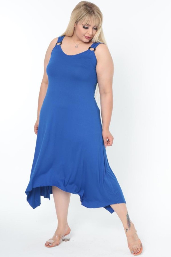 Asimetriška mėlyna suknelė be rankovių