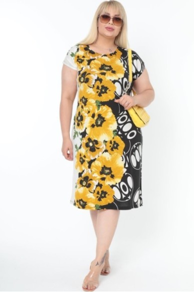 Juodai geltona gėlėta suknelė