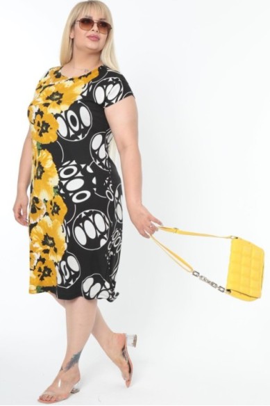 Juodai geltona gėlėta suknelė