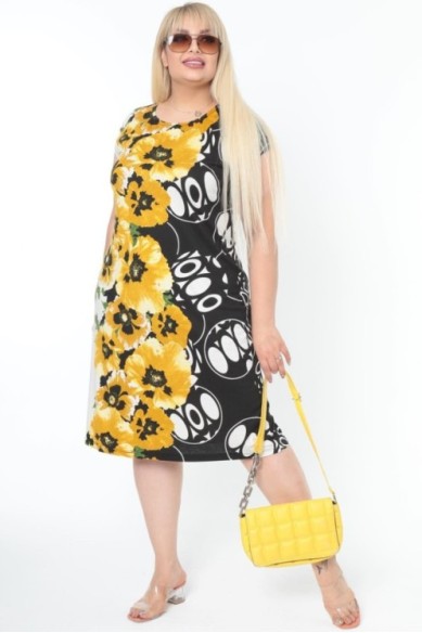 Juodai geltona gėlėta suknelė