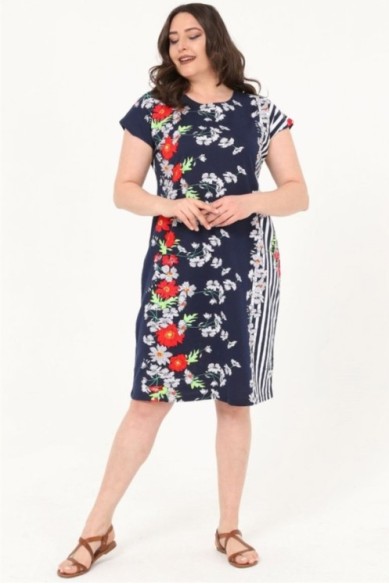 Raštuota medvilninė suknelė trumpomis rankovėmis