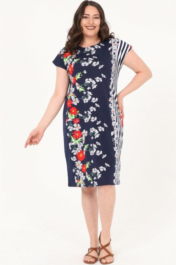 Raštuota medvilninė suknelė trumpomis rankovėmis