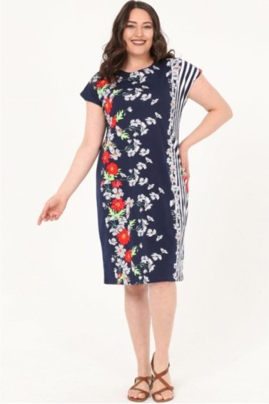 Raštuota medvilninė suknelė trumpomis rankovėmis