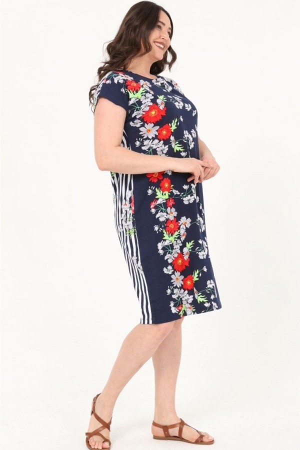 Raštuota medvilninė suknelė trumpomis rankovėmis