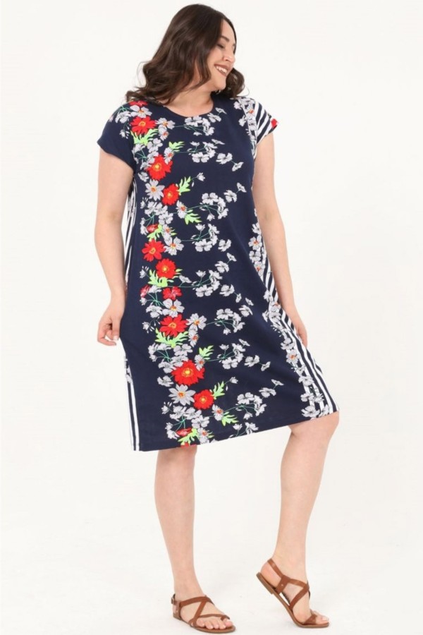 Raštuota medvilninė suknelė trumpomis rankovėmis
