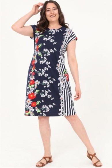 Raštuota medvilninė suknelė trumpomis rankovėmis