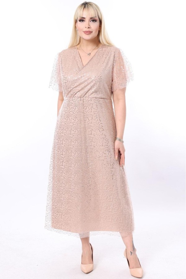 Ilga smėlio spalvos suknelė su žvyneliais