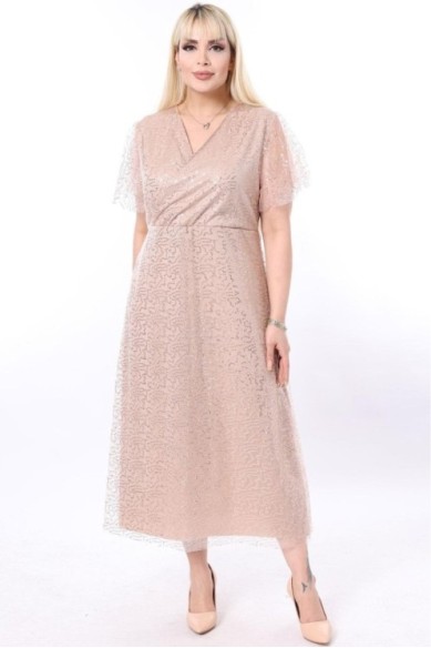 Ilga smėlio spalvos suknelė su žvyneliais