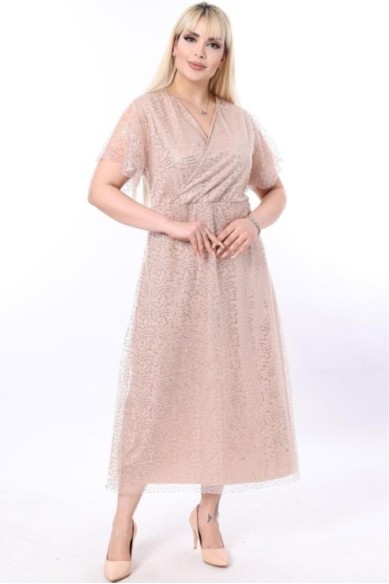 Ilga smėlio spalvos suknelė su žvyneliais