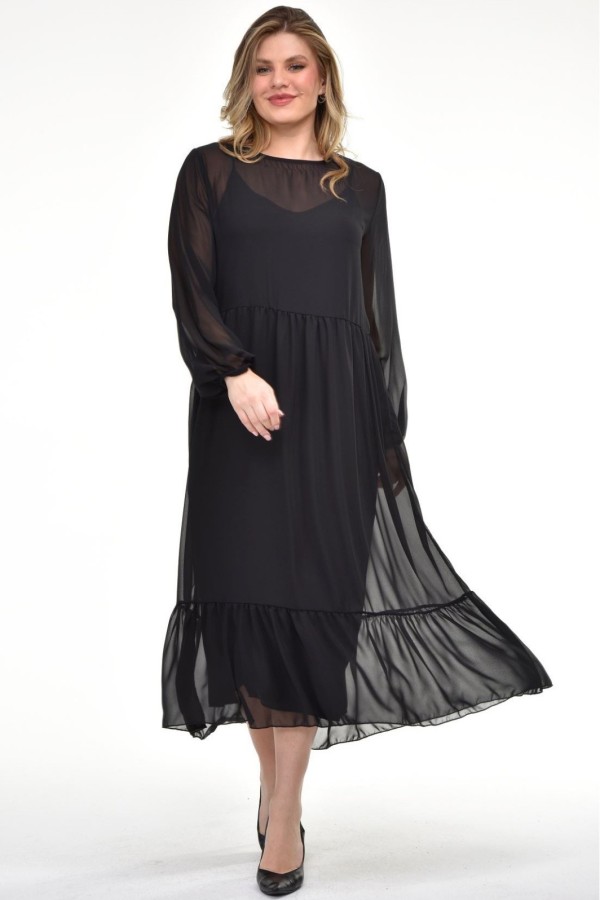 Elegantiška juoda suknelė iš dviejų sluoksnių