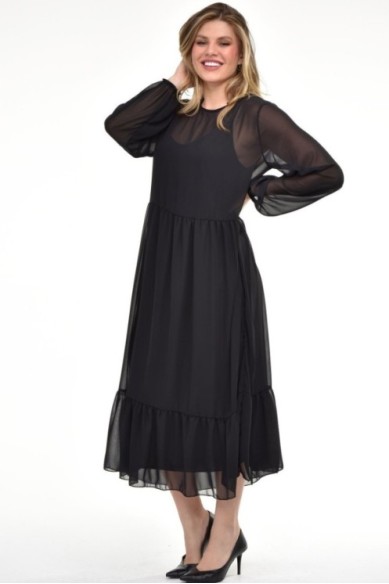 Elegantiška juoda suknelė iš dviejų sluoksnių