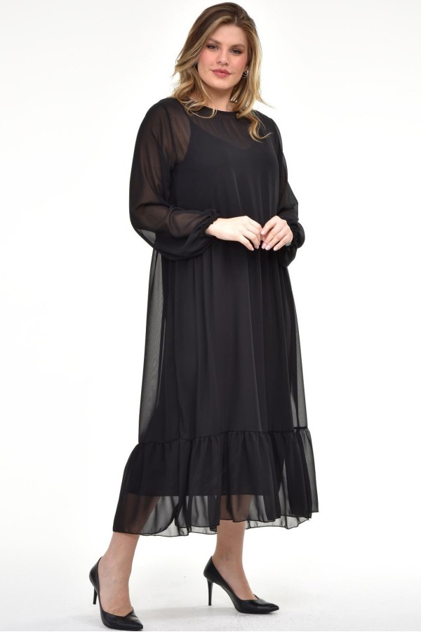 Elegantiška juoda suknelė iš dviejų sluoksnių