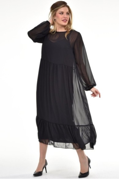 Elegantiška juoda suknelė iš dviejų sluoksnių