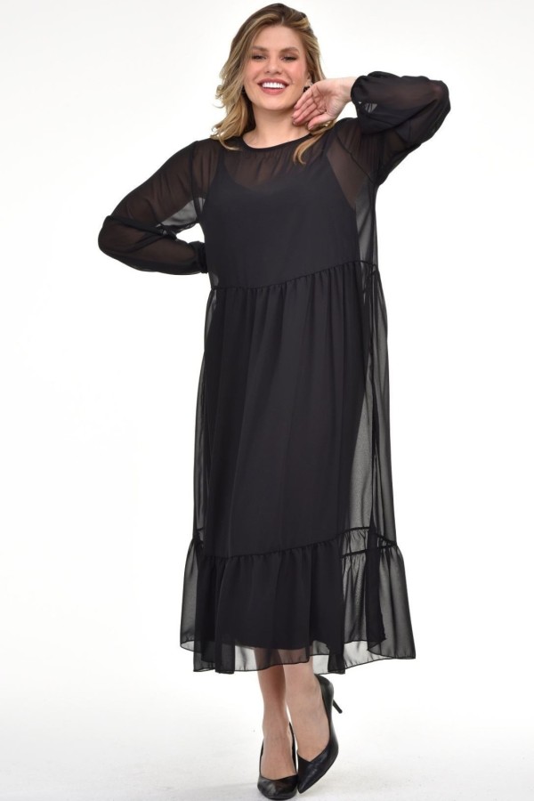 Elegantiška juoda suknelė iš dviejų sluoksnių