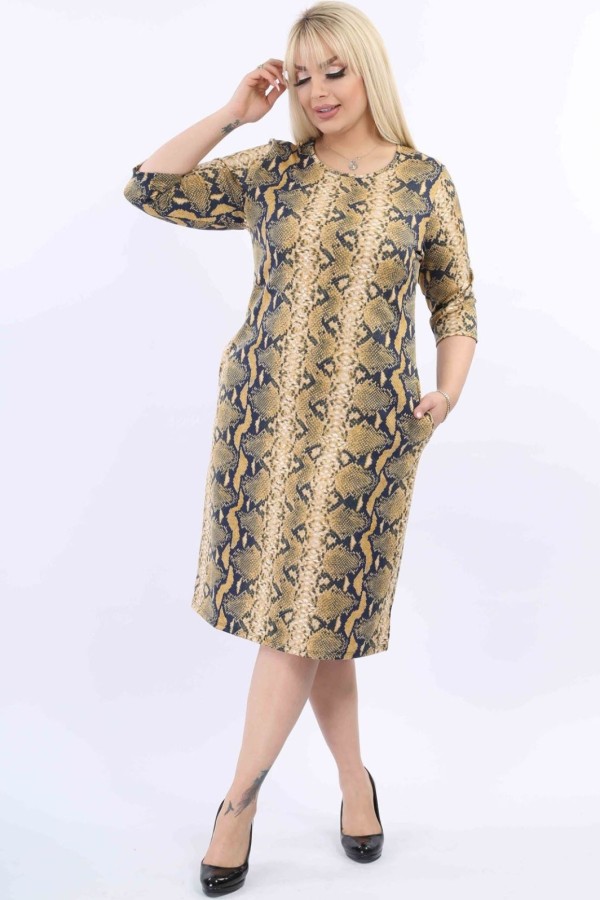 Geltona gyvatės odos rašto suknelė