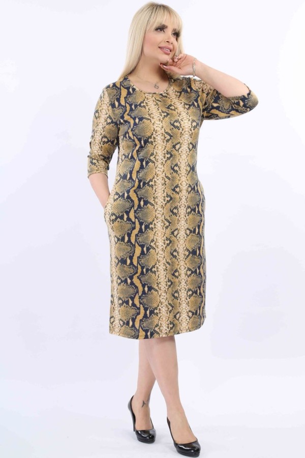 Geltona gyvatės odos rašto suknelė