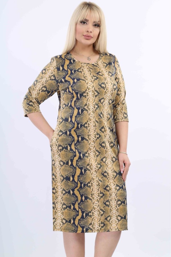 Geltona gyvatės odos rašto suknelė